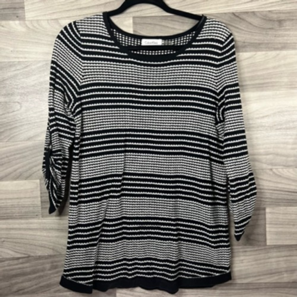Calvin Klein Womens Pullover Sweater Black White Striped 3/4 Sleeve Scoop Neck M
